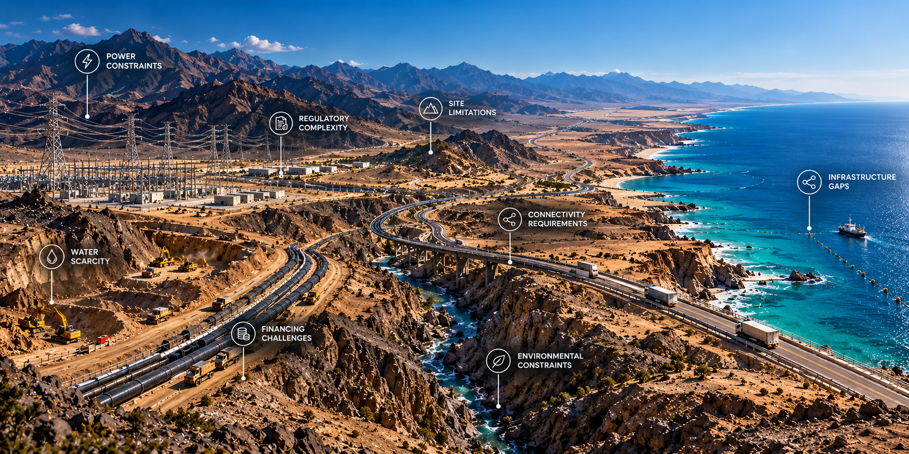 Infrastructure development challenges including power, regulation, sites, water, financing, connectivity and environmental constraints