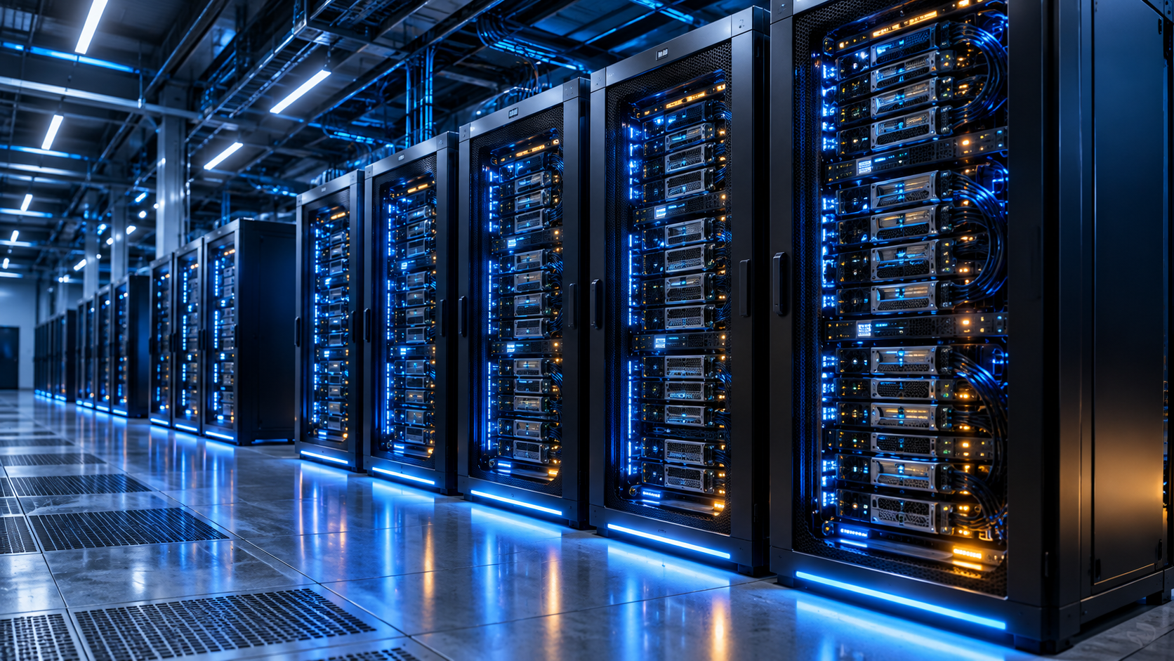 High-density AI compute racks in a modern data center